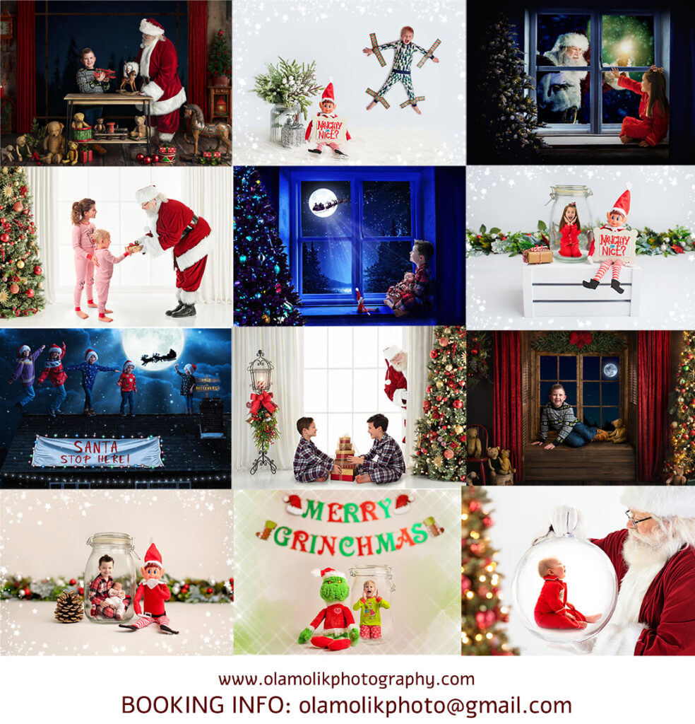 Christmas Minis Photoshoot by Ola Molik Photography in Glasgow, featuring festive digital backgrounds with Santa, Christmas trees, and winter scenes. Ideal for children, families, and personalized holiday cards. Book your session for a magical Christmas memory