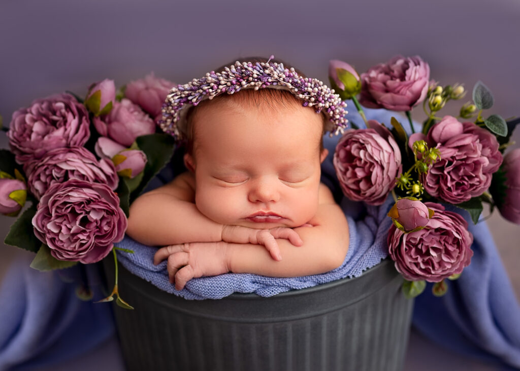 Newborn baby peacefully sleeping in a bucket surrounded by purple flowers, photographed by a professional newborn photographer in Glasgow